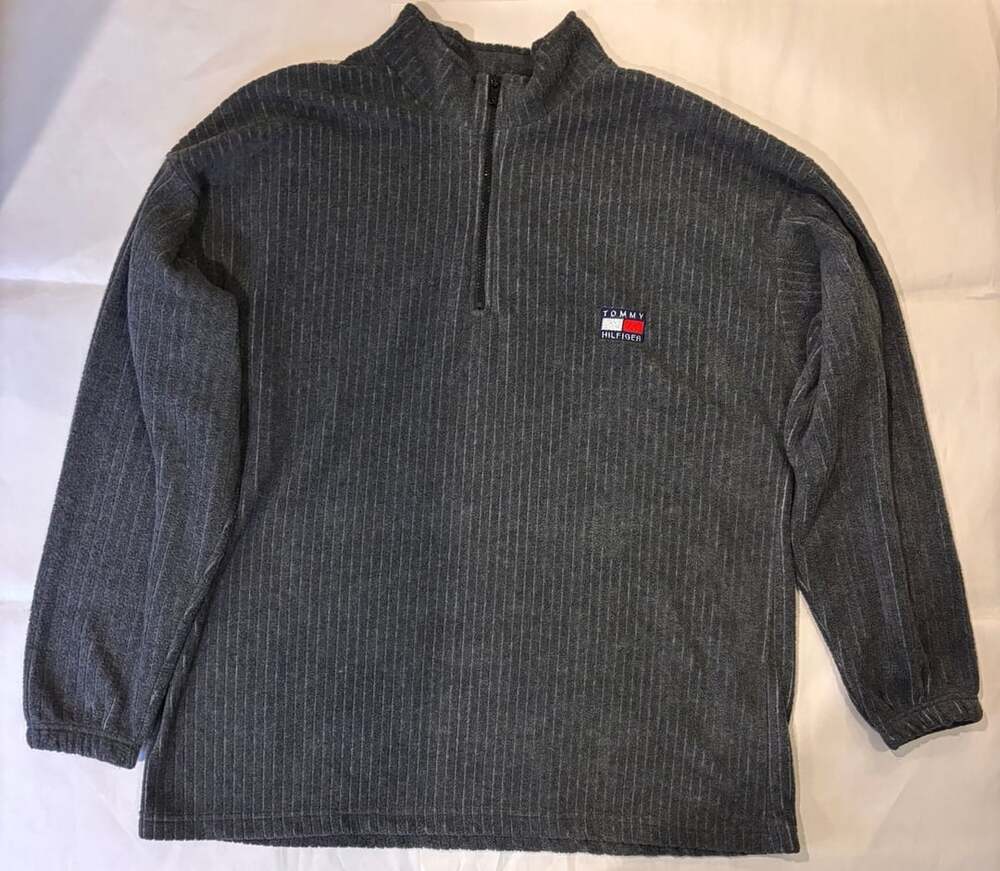 Tommy Hilfiger 1/4 Zip Fleece Size XL Dark Gray Ribbed Pullover Sweater